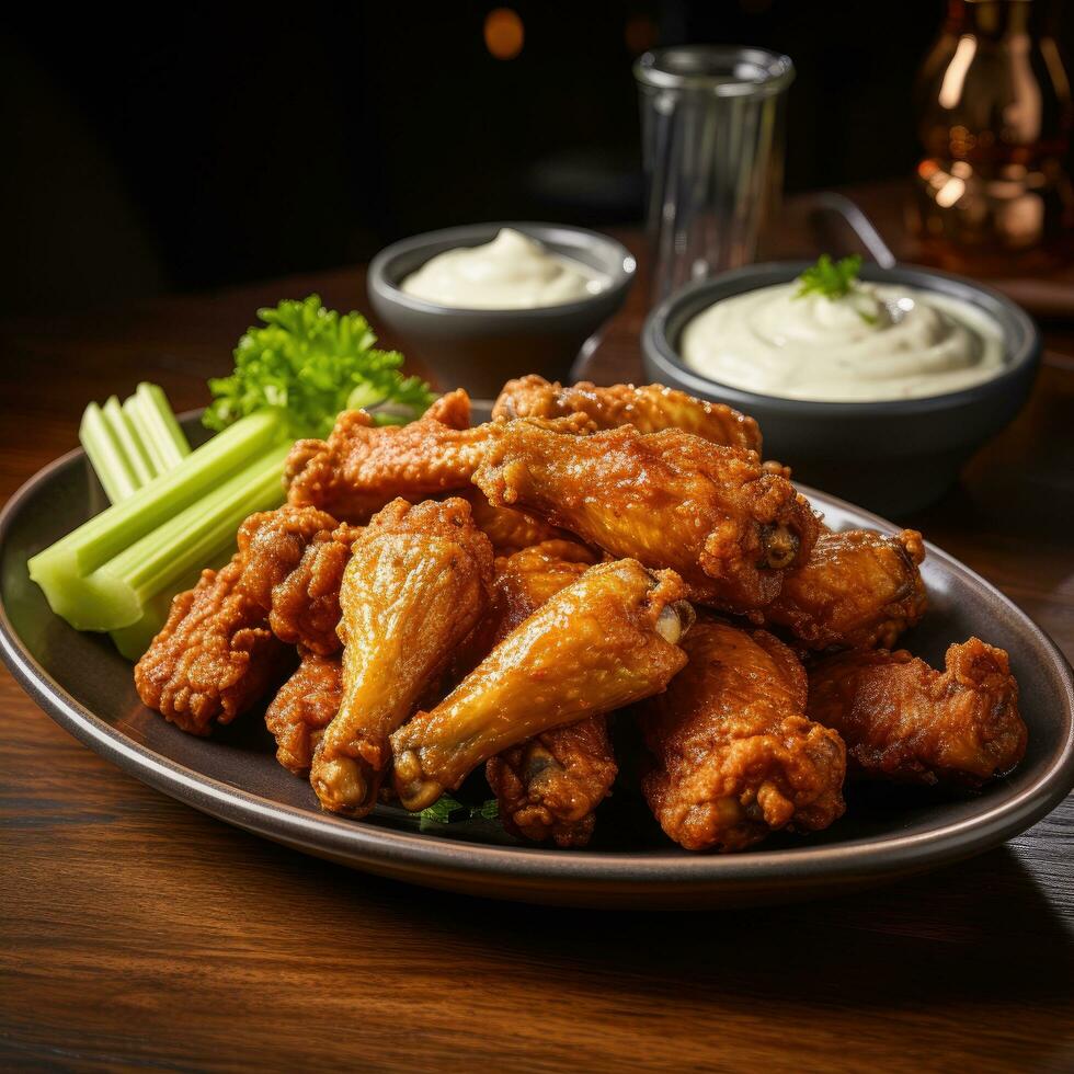 ai généré croustillant frit poulet ailes, servi avec une côté de crémeux bleu fromage pansement et céleri des bâtons photo