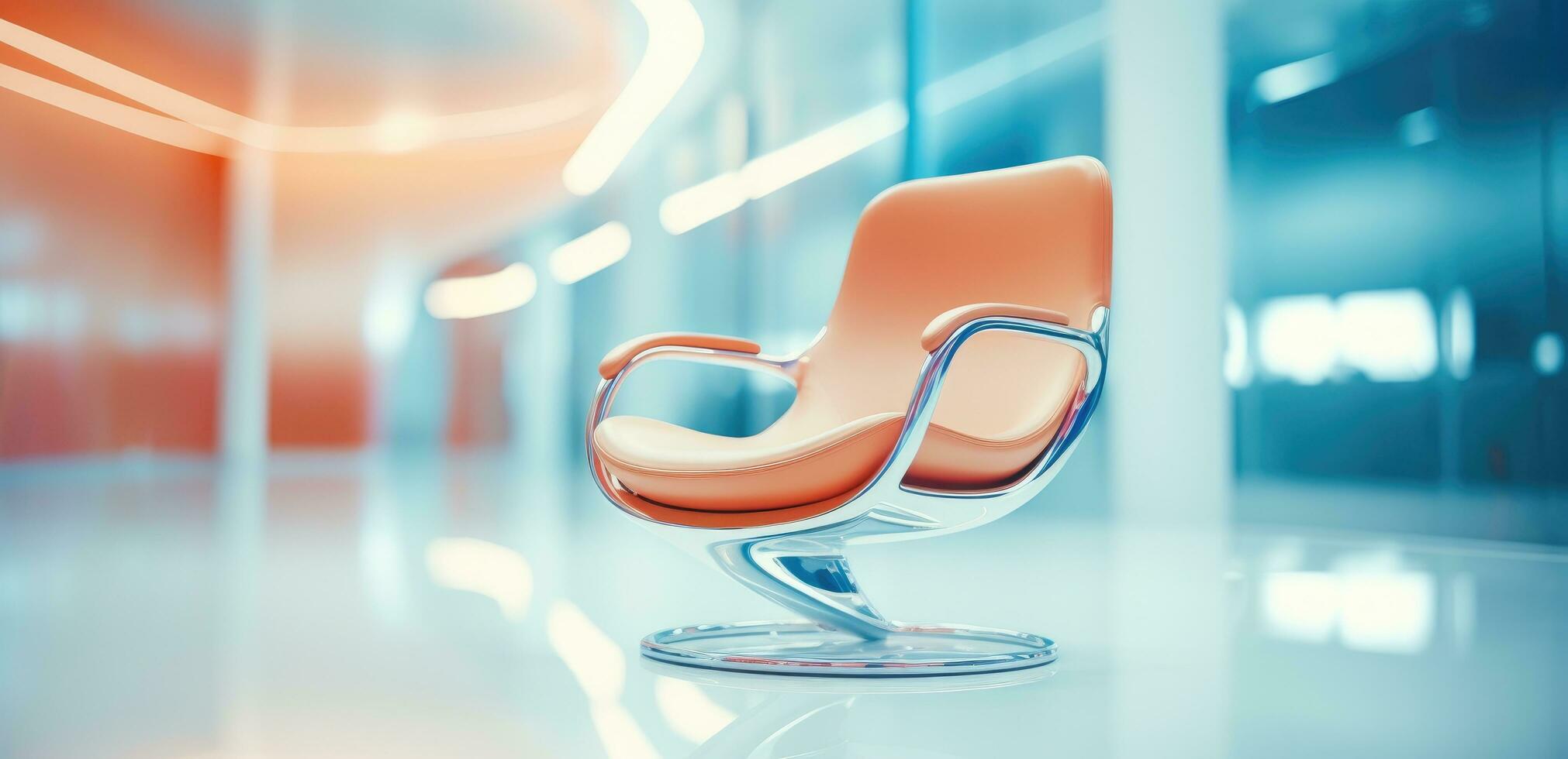 ai généré un abstrait Orange chaise est assis dans une bleuté affaires Bureau photo