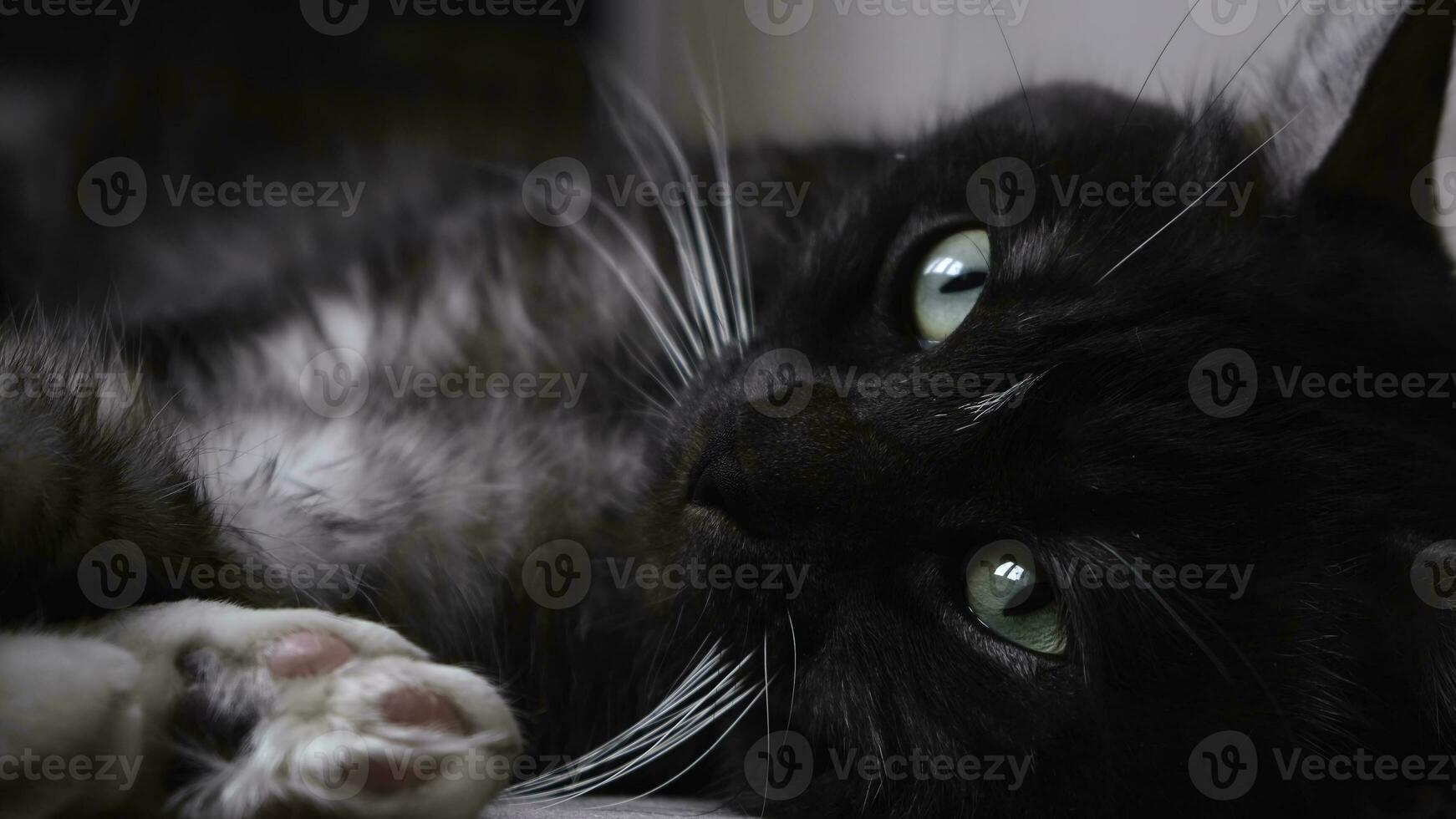 somnolent noir chat avec vert gros yeux mensonge sur le sol sur flou Contexte. concept. magnifique animal de noir et blanc Couleur mensonge avec ses doux pattes dans à partir de de le caméra. photo