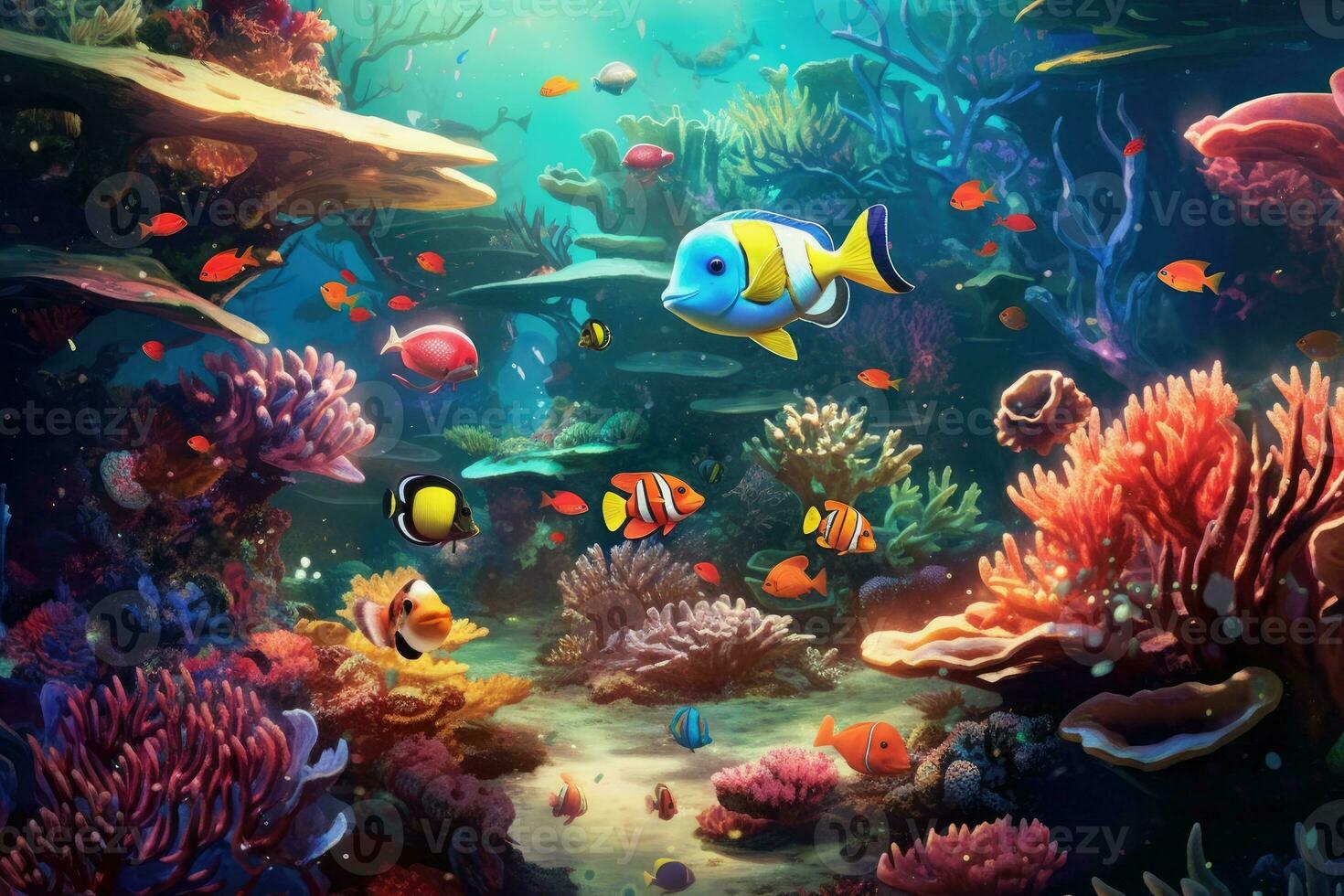 ai généré tropical mer sous-marin des poissons sur corail récif. aquarium océanarium faune coloré Marin panorama paysage la nature tuba plongée. ai génératif. photo