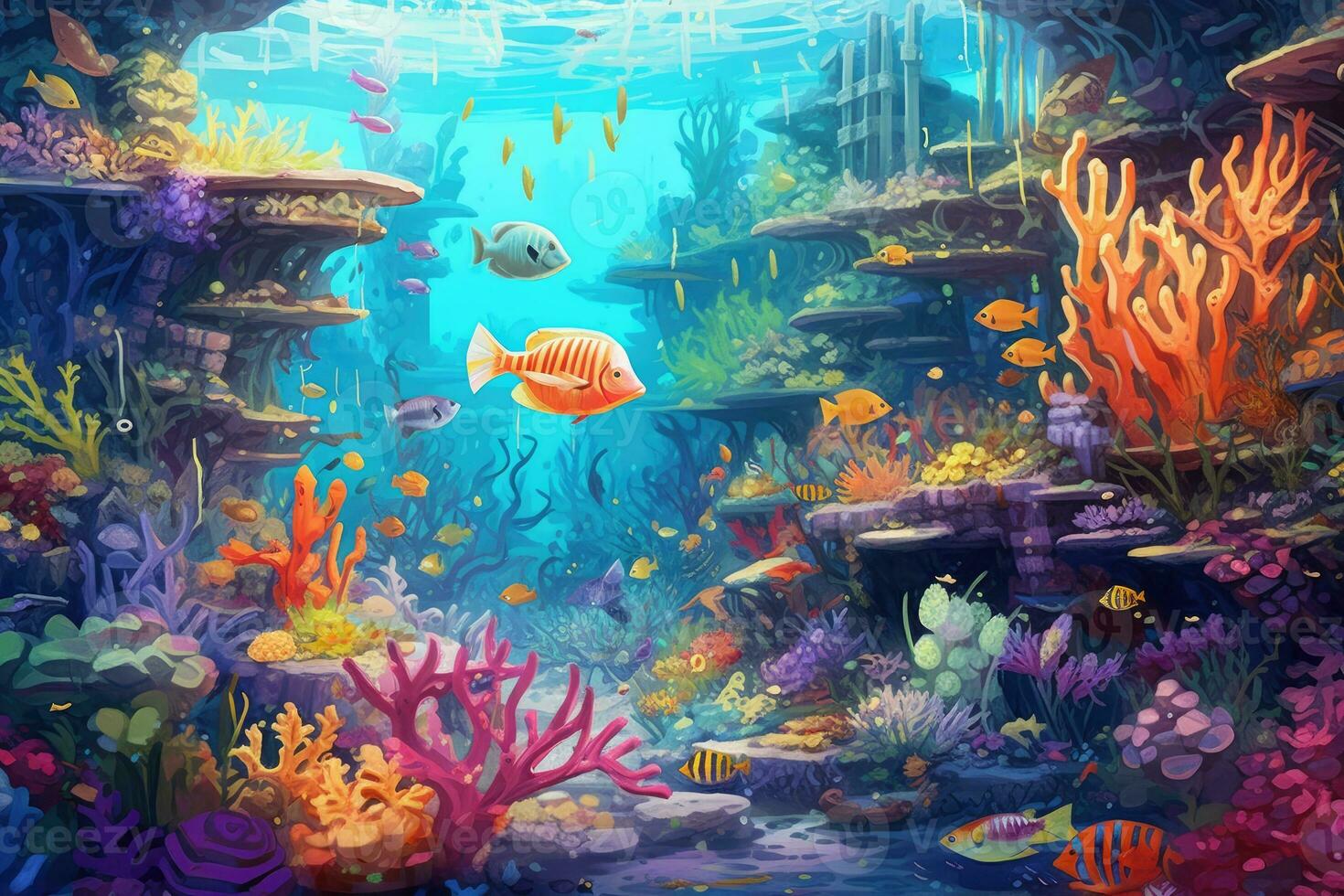 ai généré tropical mer sous-marin des poissons sur corail récif. aquarium océanarium faune coloré Marin panorama paysage la nature tuba plongée. ai génératif. photo