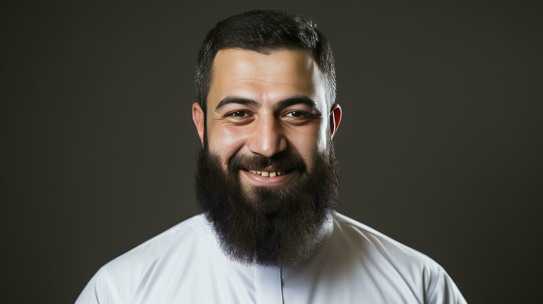 ai généré musulman homme avec une barbe et blanc chemise contre une foncé Contexte photo