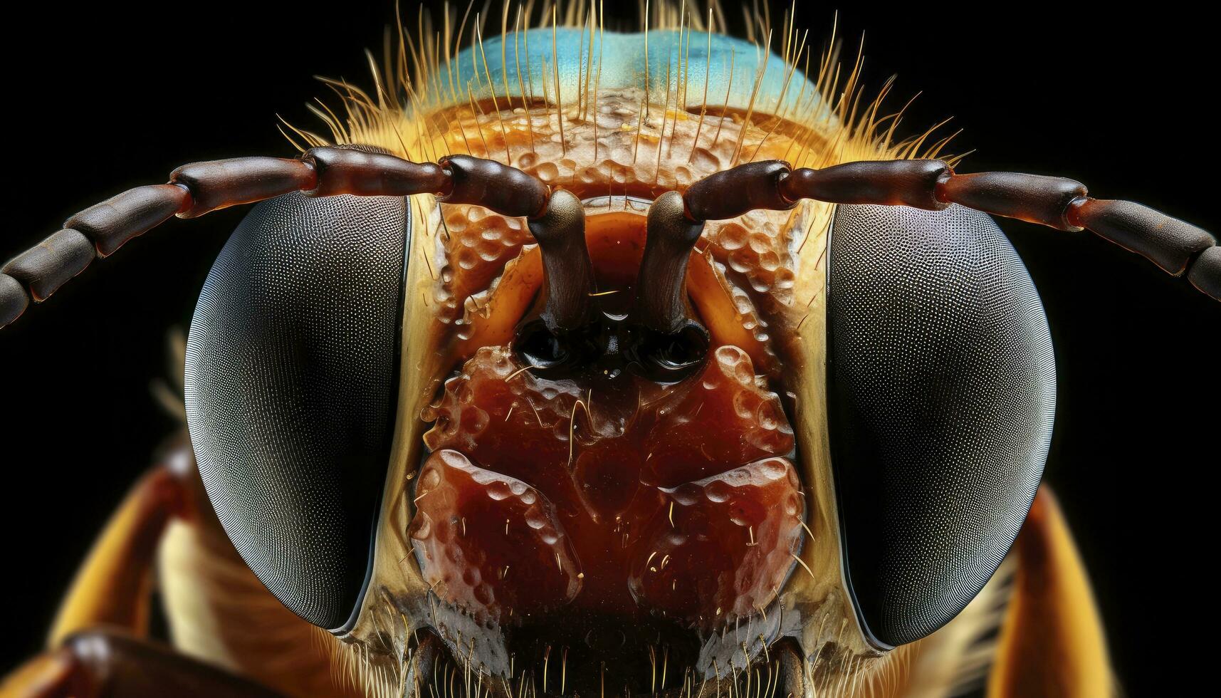 ai généré macro de une abeille tête sur une noir Contexte photo