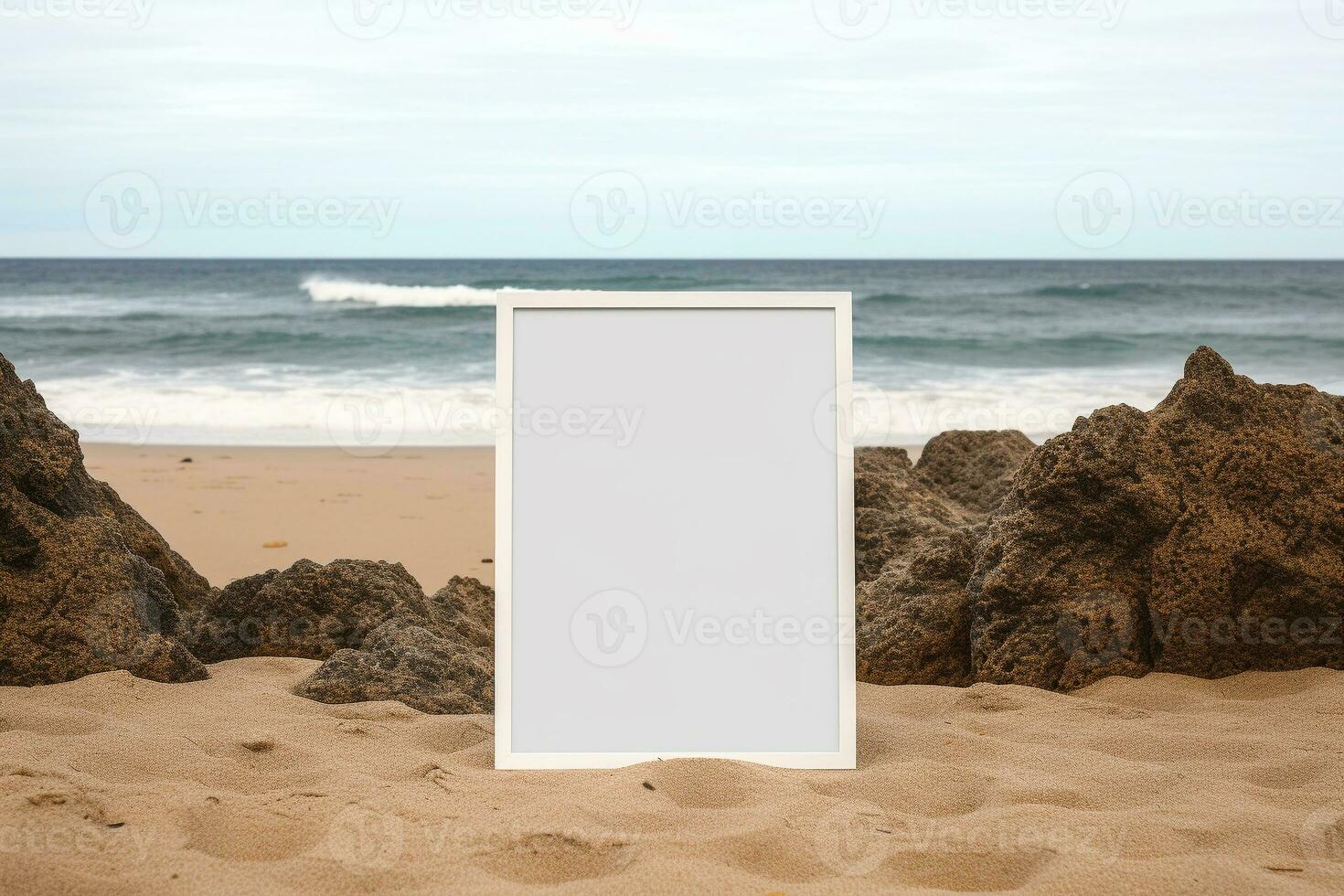 ai généré Vide blanc affiche Cadre sur le plage génératif par ai photo