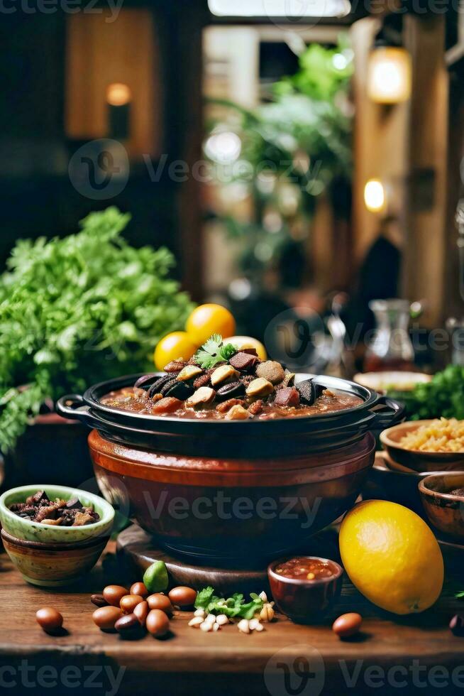 ai généré une délicieux repas servi sur une rustique en bois table photo