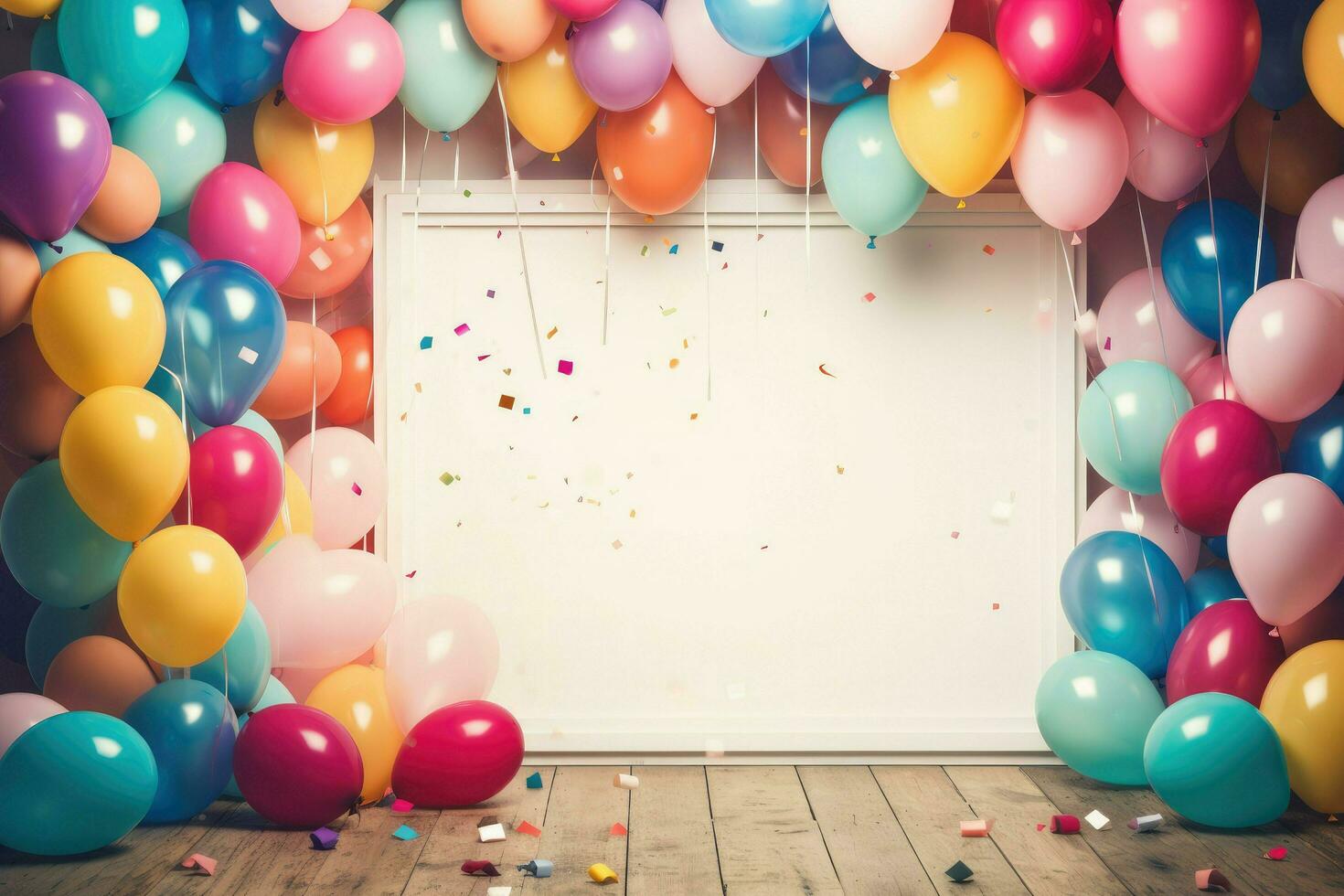 ai généré anniversaire Cadre avec Couleur des ballons avec scintille, Vide Cadre décoration avec ballon , ai généré photo