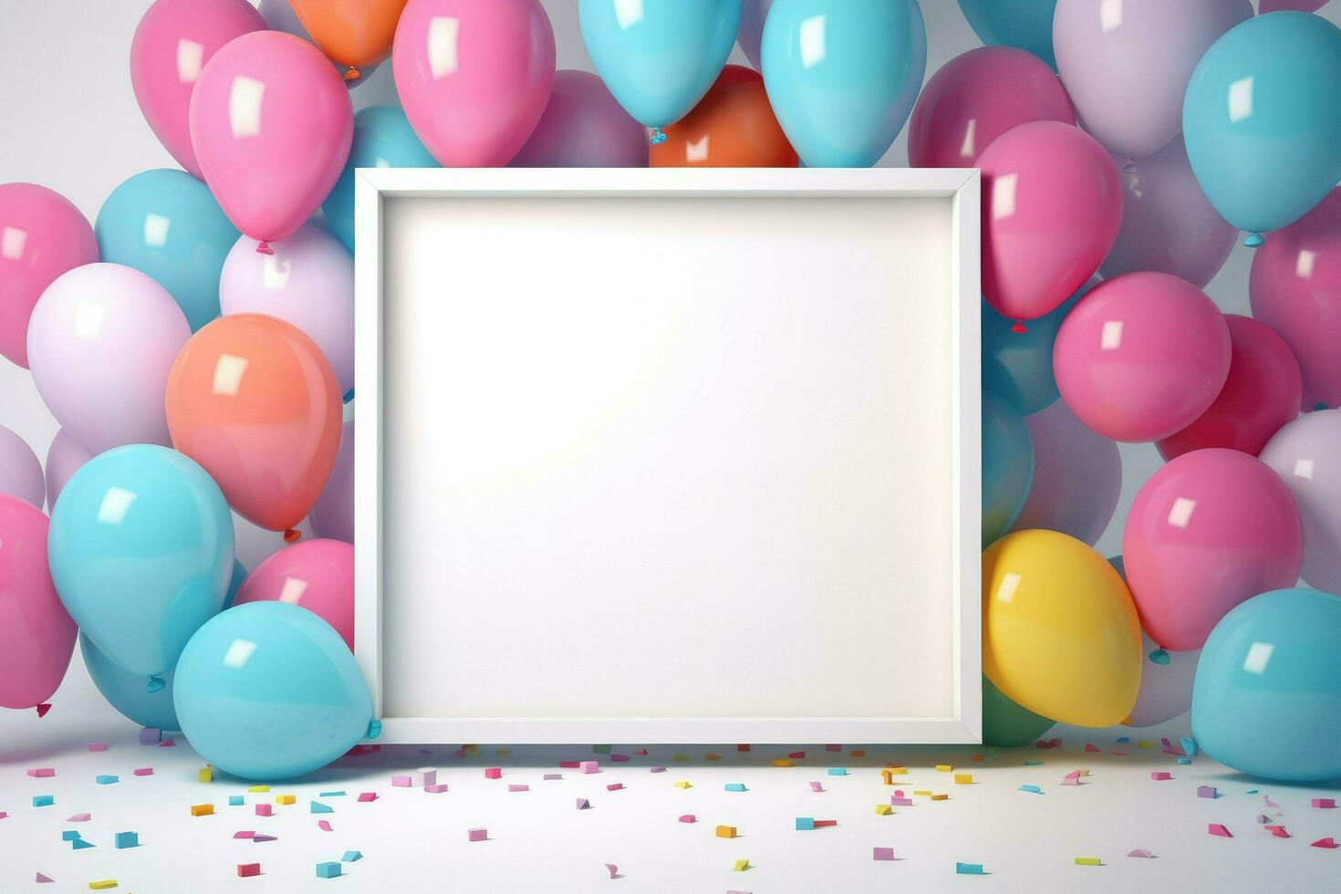 ai généré anniversaire Cadre avec Couleur des ballons avec scintille, Vide Cadre décoration avec ballon , ai généré photo