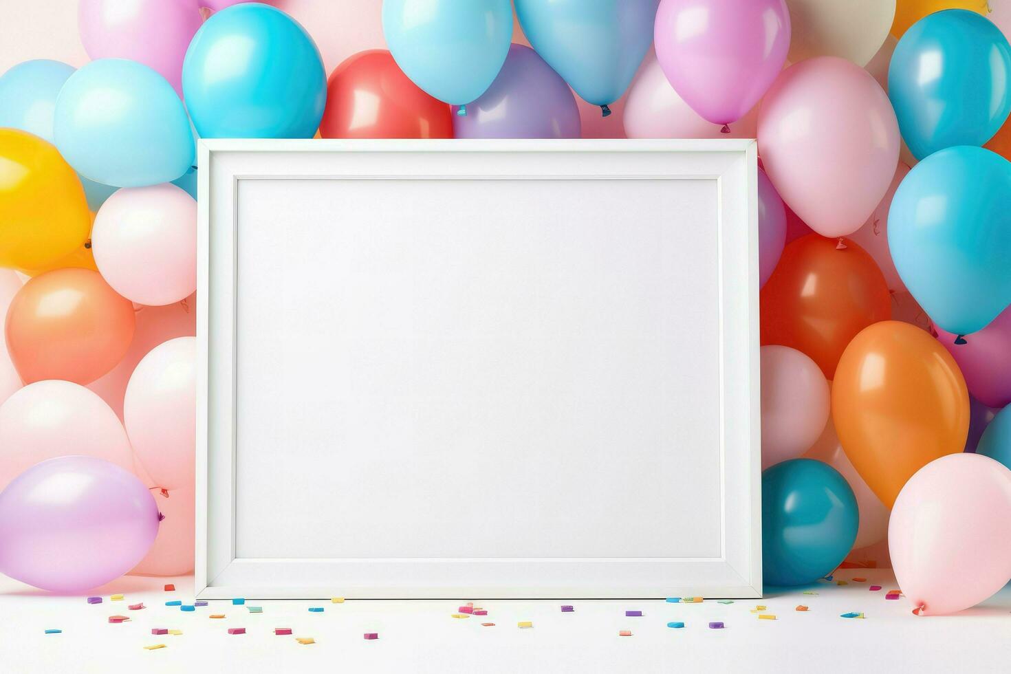 ai généré anniversaire Cadre avec Couleur des ballons avec scintille, Vide Cadre décoration avec ballon , ai généré photo