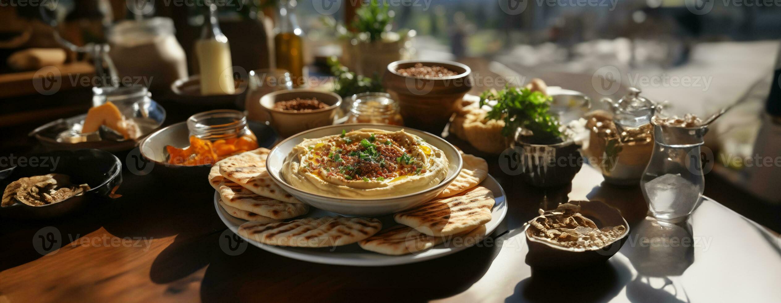 ai généré Hoummous dans une en bois assiette avec persil et Croûtons. vaisselle de pois chiches, une végétarien plat. ai génératif. photo