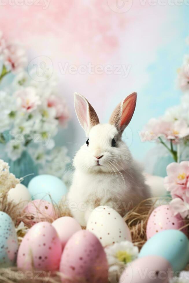 ai généré adorable blanc lapin est assis au milieu de couleur pastel Pâques des œufs et épanouissement fleurs avec rêveur bleu et rose toile de fond, parfait pour saisonnier commercialisation, vacances cartes, de fête décoration. photo