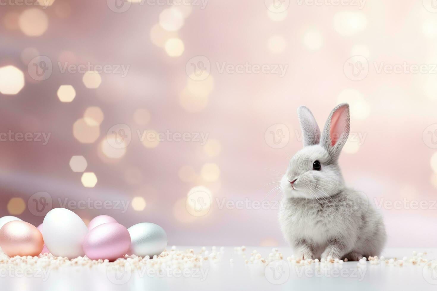 ai généré une sucré blanc lapin est entouré par couleur pastel Pâques des  œufs sur une pailleté rose arrière-plan, parfait pour saisonnier publicité,  sur le thème des vacances contenu, et conviviale et