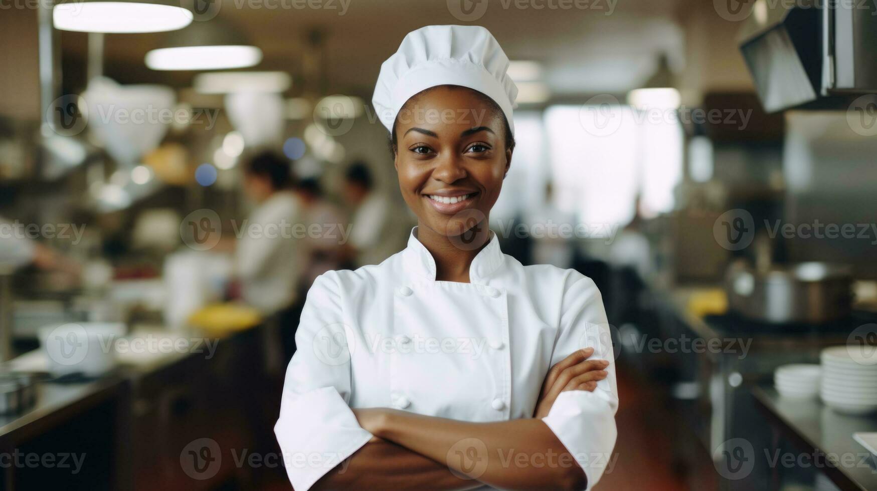 ai généré africain américain noir femme comme chef permanent dans cuisine avec sourire, ai photo