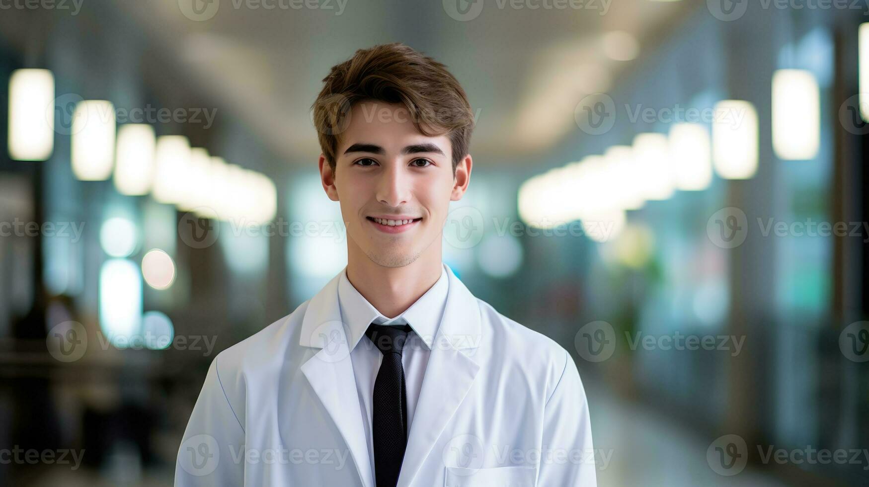 ai généré Masculin médecin portant blouse permanent et souriant photo