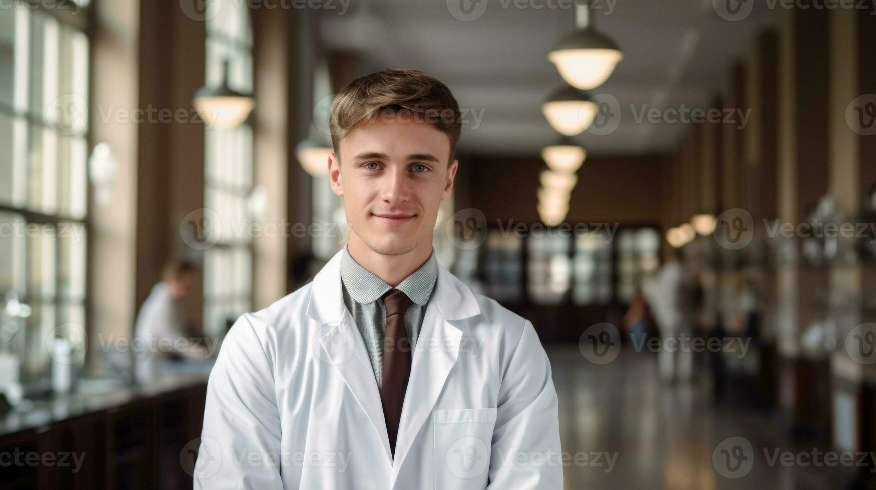 ai généré Masculin médecin portant blouse permanent et souriant photo