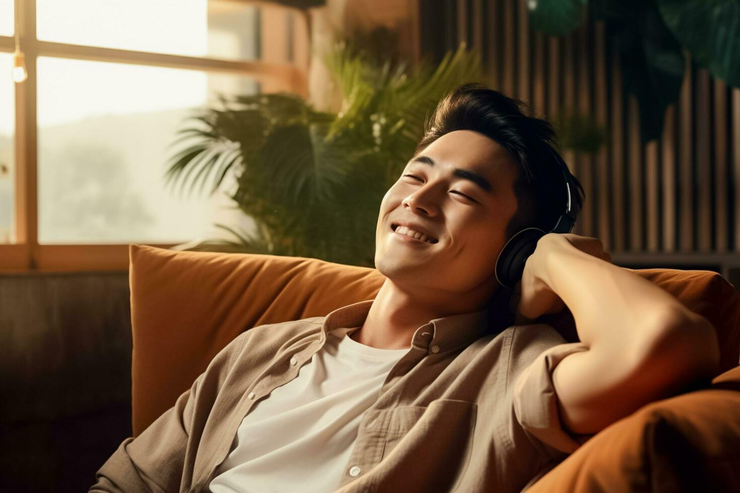 ai généré photo Beau Jeune asiatique homme relaxant sur canapé dans vivant chambre.ai généré