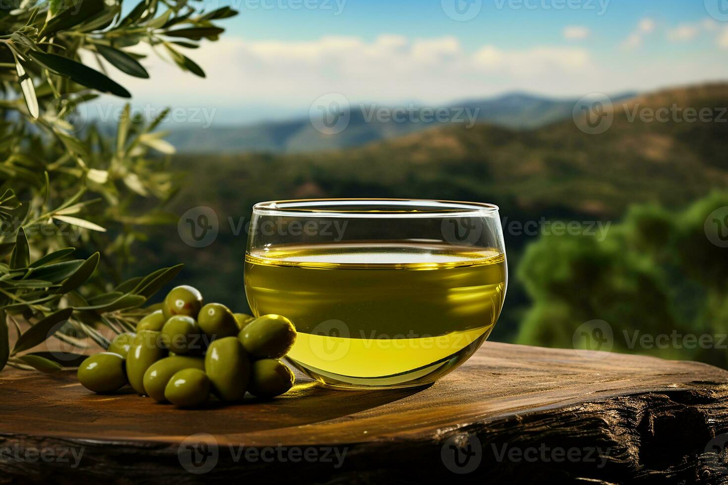 ai généré en bonne santé olive pétrole dans bol avec la nature paysage dans brillant journée photo
