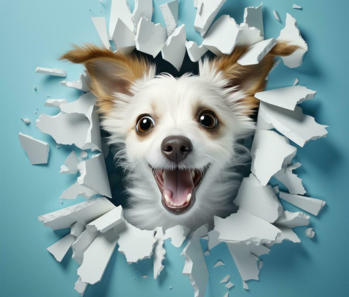 ai généré une souriant chien furtivement en dehors de le trou dans une bleu mur, photo