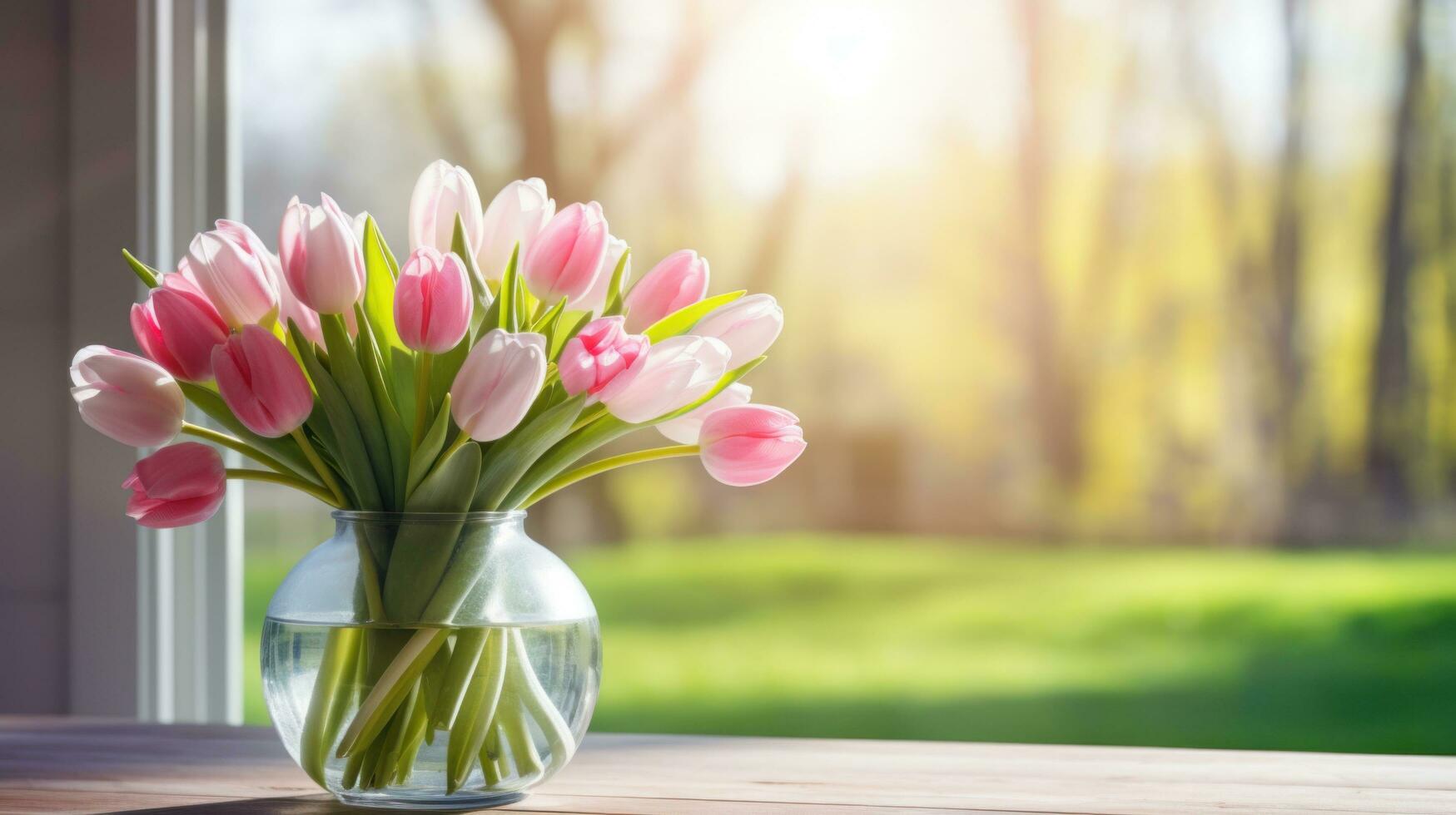 ai généré un arrangement de rose et blanc tulipes dans une verre vase sur une en bois table photo