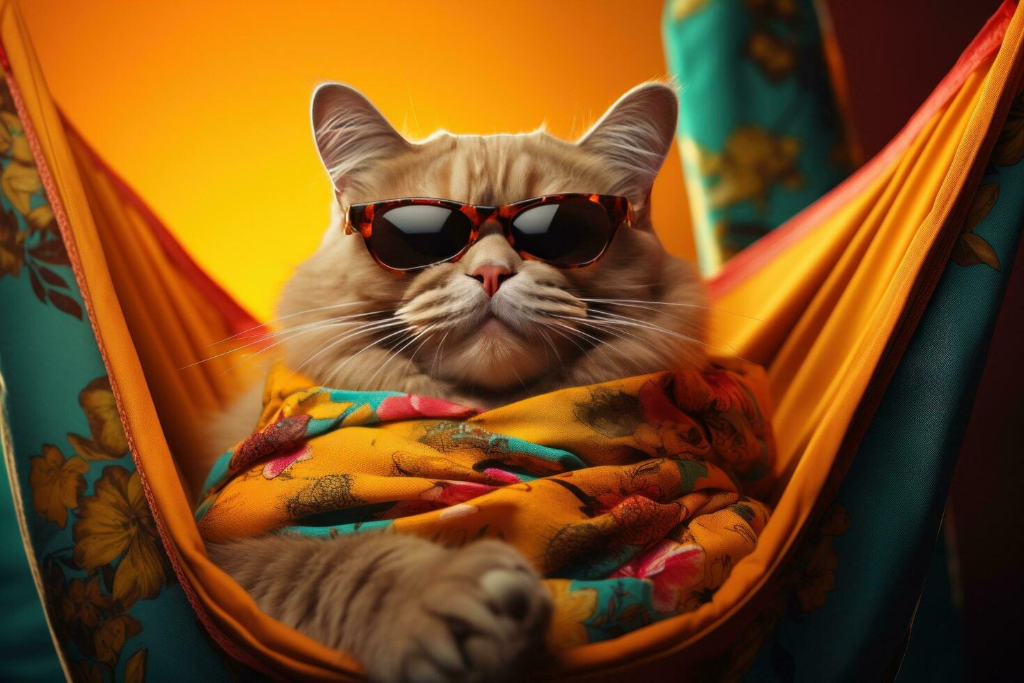 ai généré chat dans une hamac pose sur le Jaune Contexte avec des lunettes de soleil sur, photo