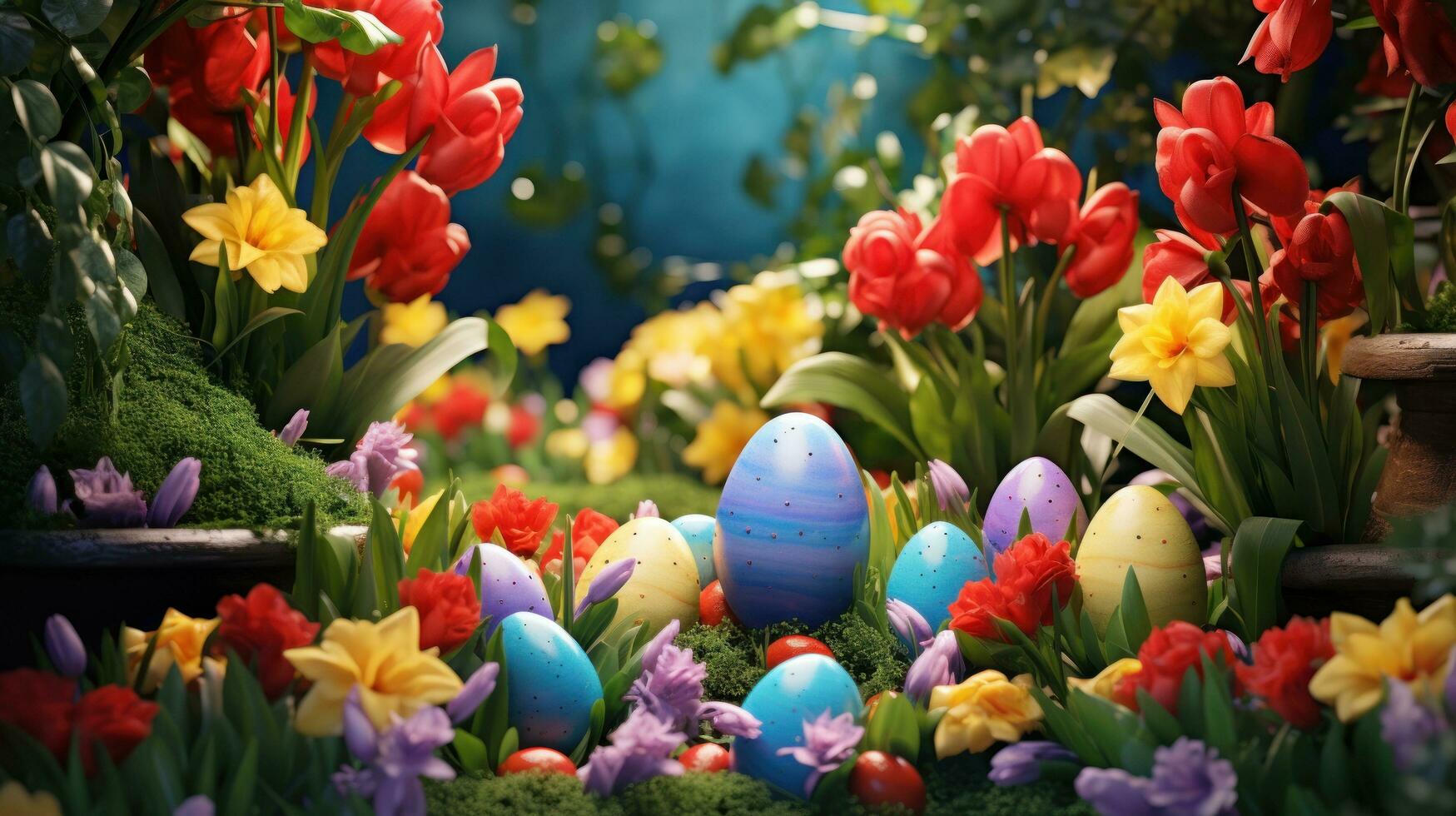 ai généré une coloré jardin réglage avec Pâques des œufs caché parmi le fleurs photo