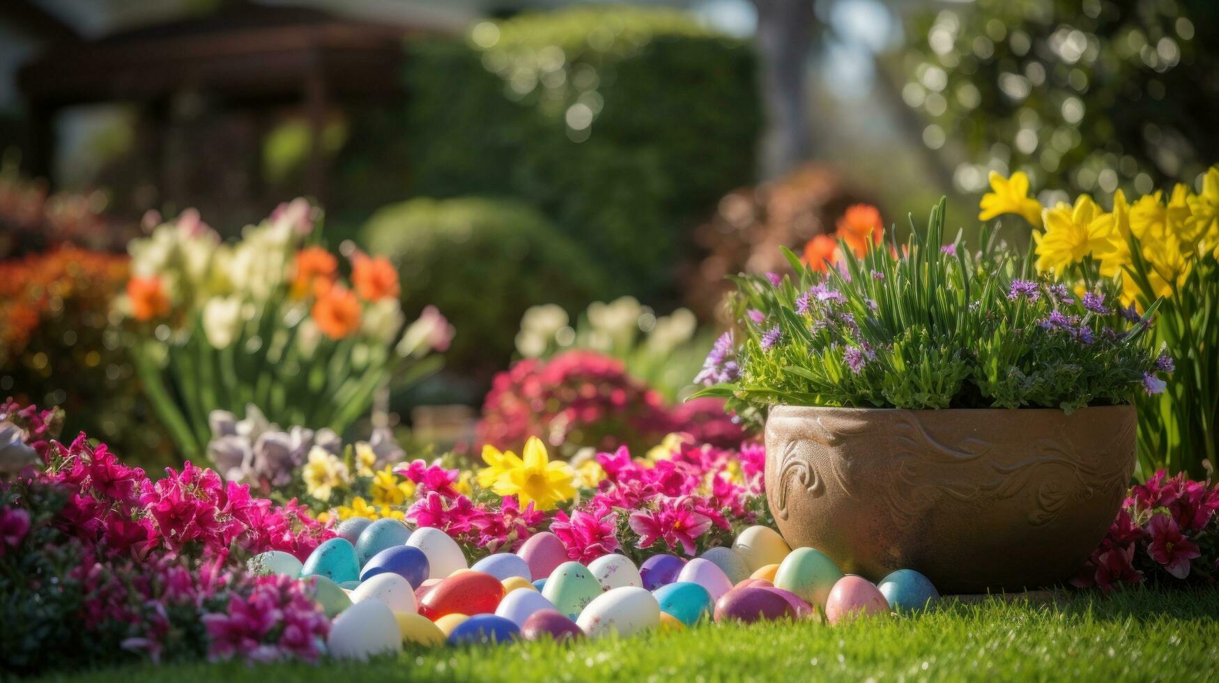 ai généré une coloré jardin réglage avec Pâques des œufs caché parmi le fleurs photo