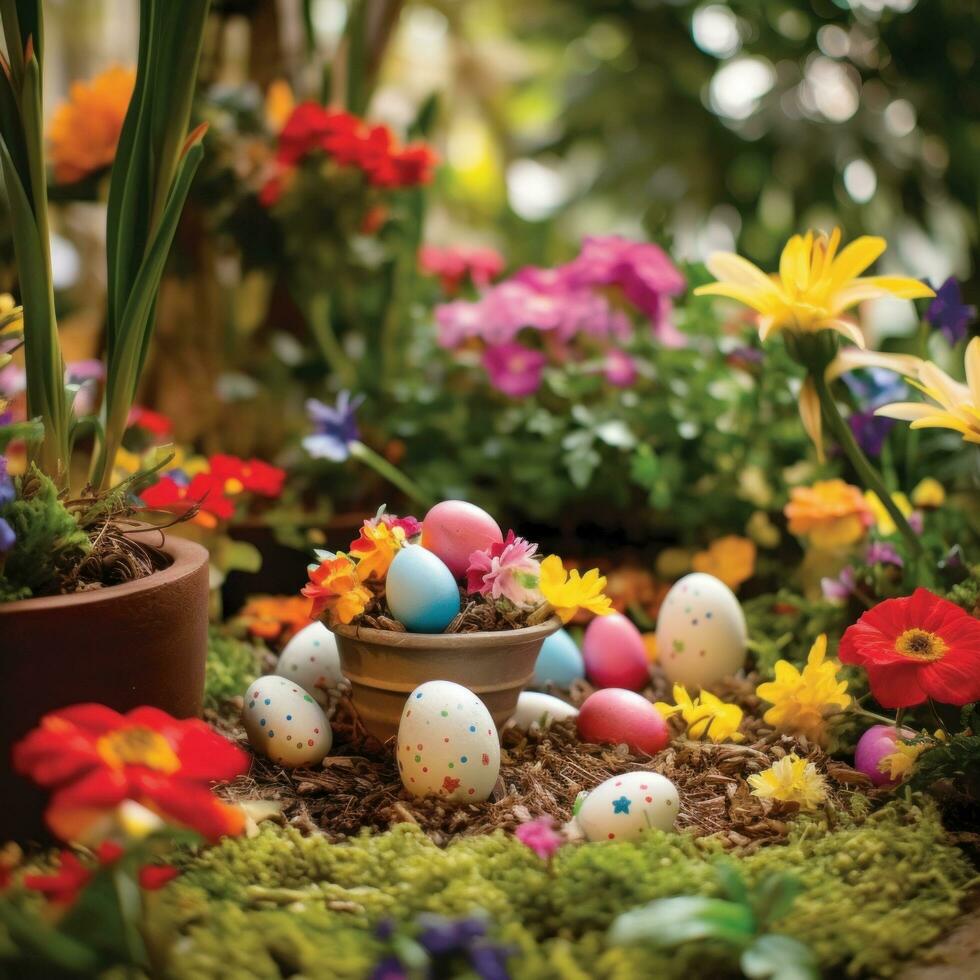ai généré une coloré jardin réglage avec Pâques des œufs caché parmi le fleurs. photo
