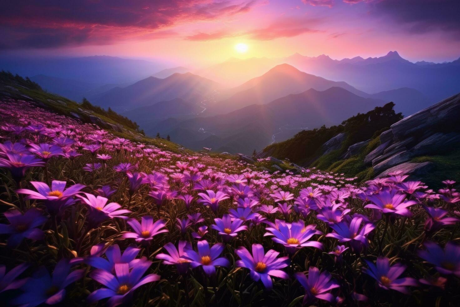 ai généré une lever du soleil plus de une violet fleur champ près montagnes, photo