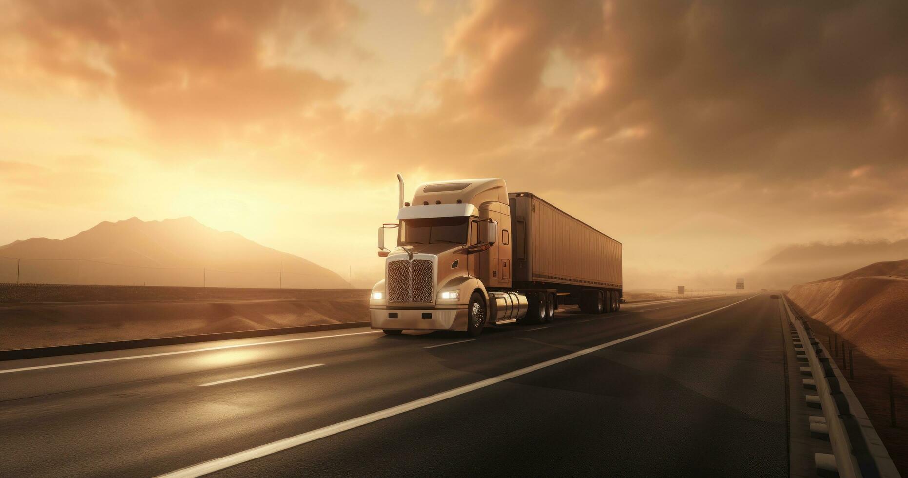 ai généré une semi un camion traversée une Autoroute dans lumière coucher de soleil, photo