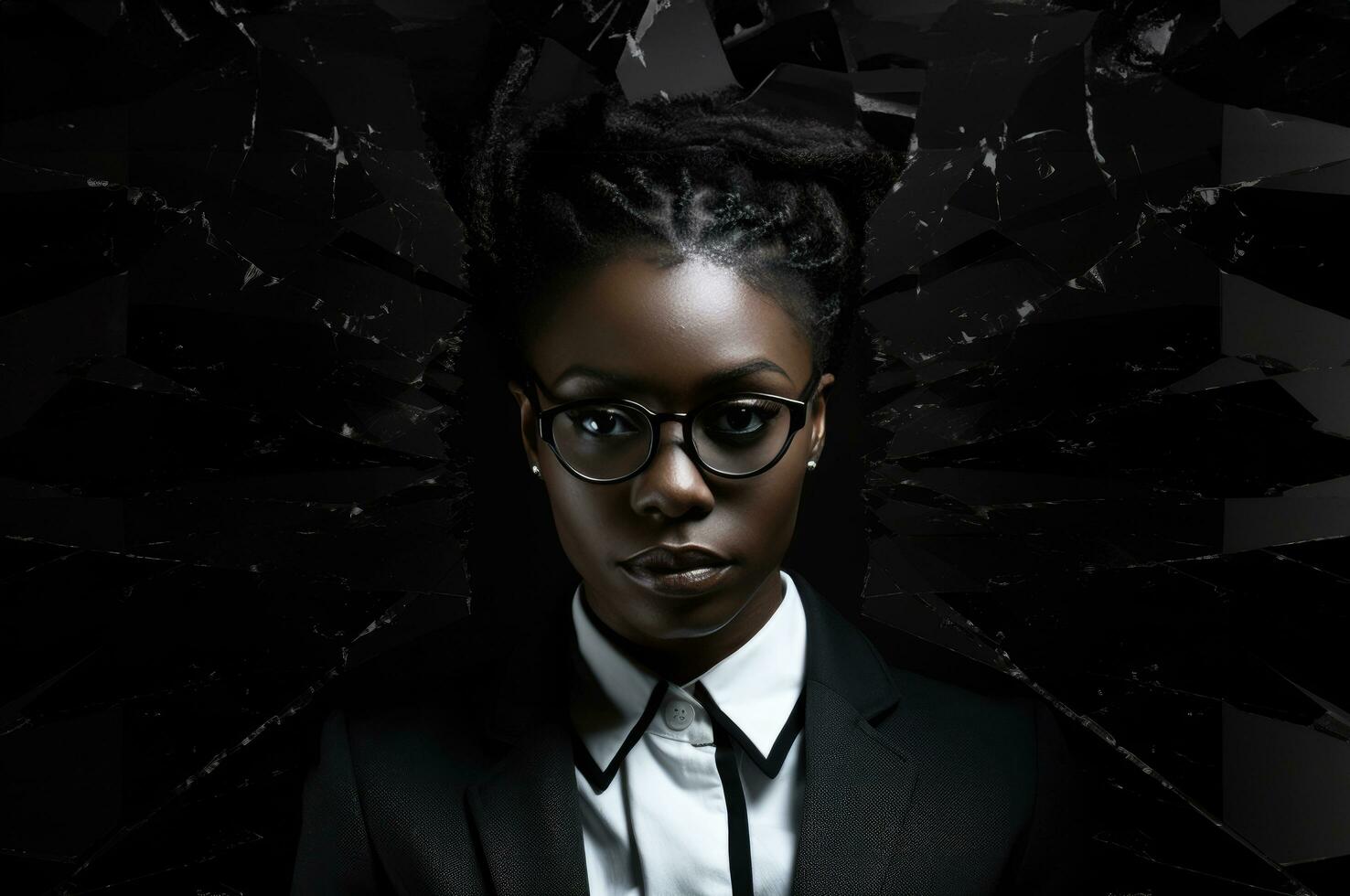 ai généré une Jeune noir femme dans une costume et lunettes, photo