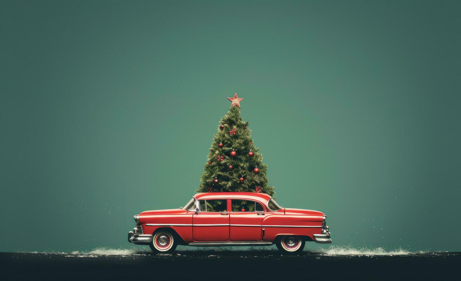 ai généré Noël arbre sur le Haut de une rouge voiture, photo