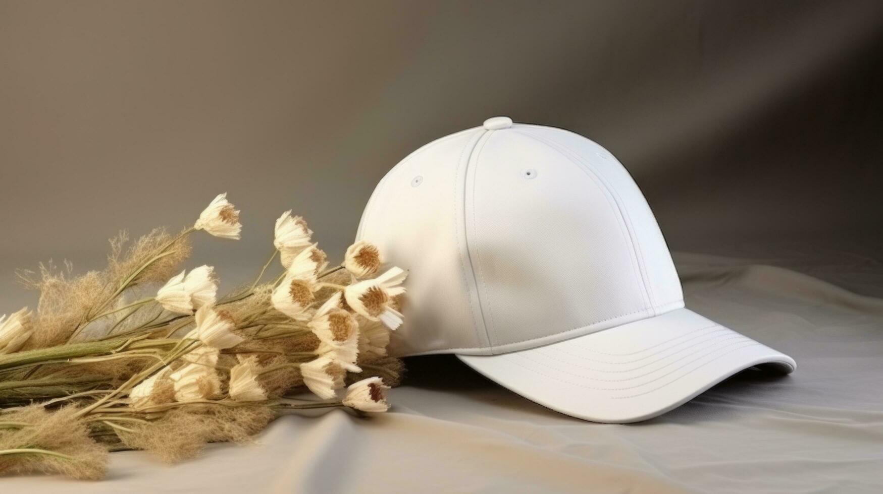 ai généré blanc casquette avec Vide devant, réaliste sur une maquette modèle dans une blanc table dans une luxe Accueil photo