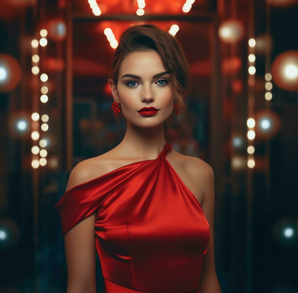 ai généré Jeune Dame dans brillant rouge robe sur le Contexte de une image, photo