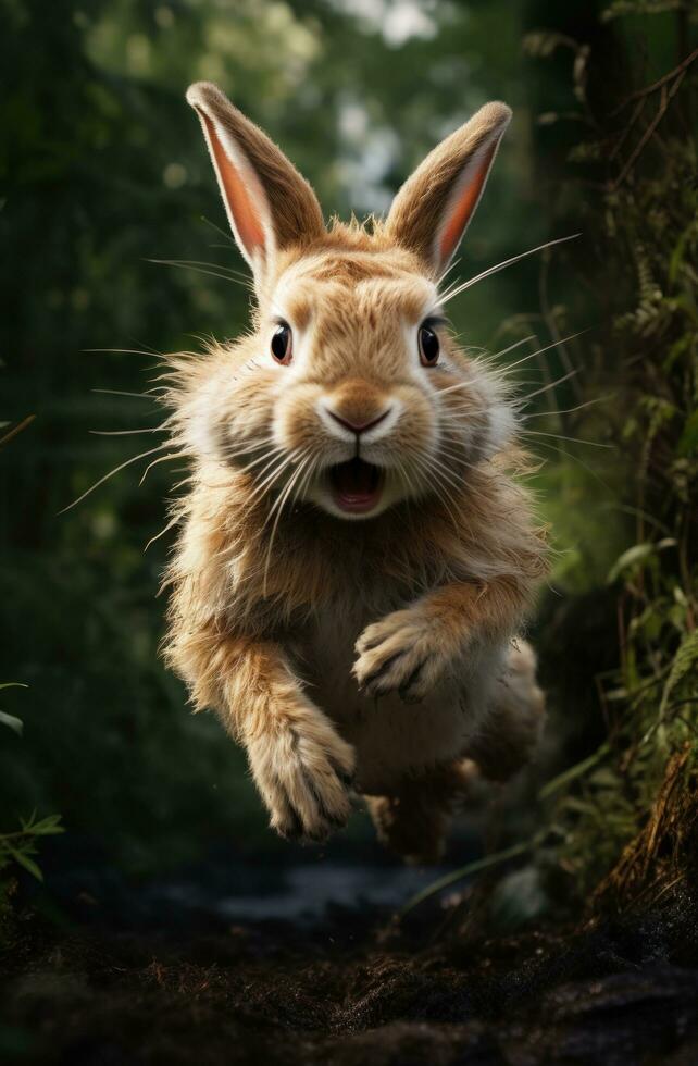 ai généré photo de adorable lapin fonctionnement par les bois