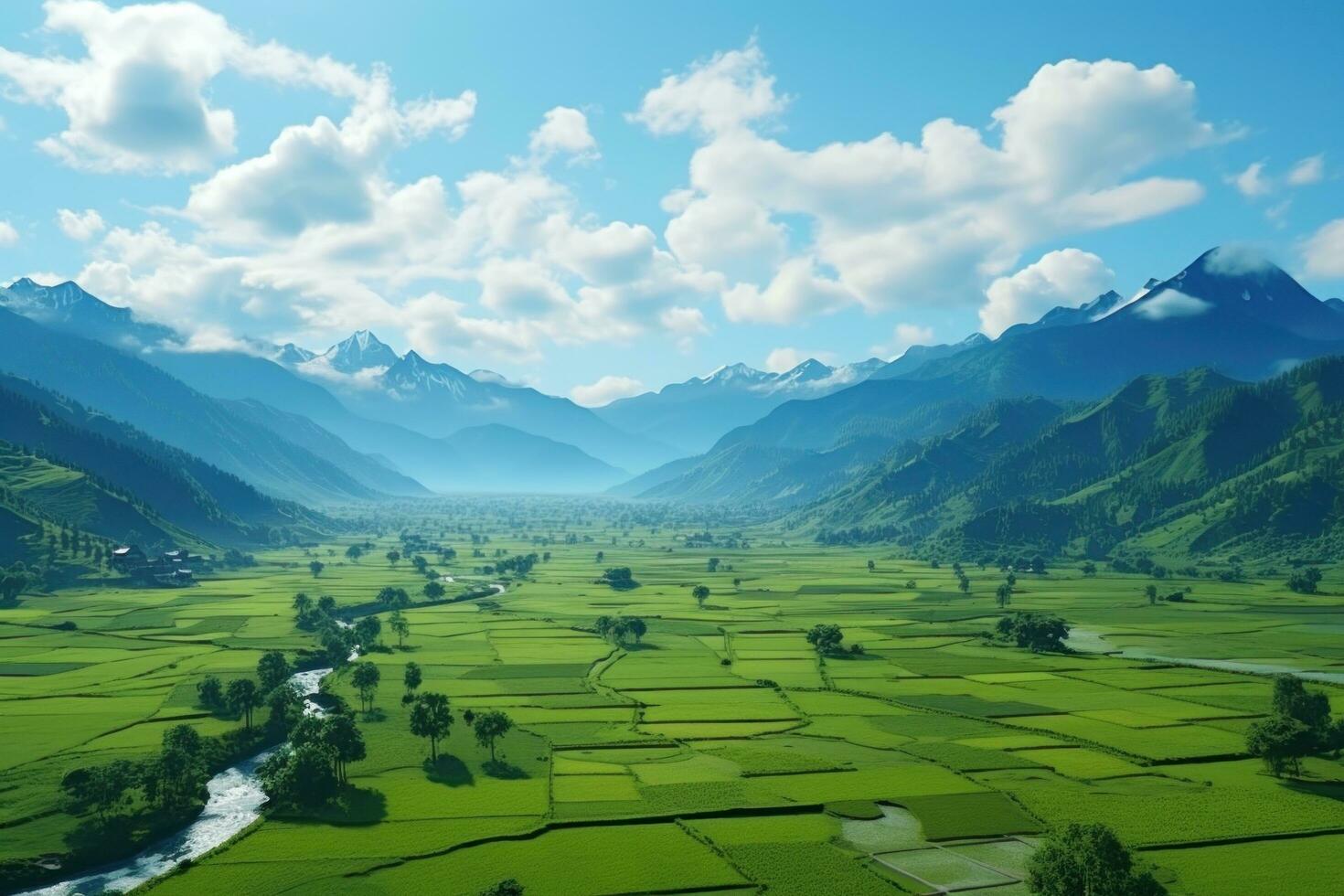 ai généré vue de montagnes et vallée vue photo