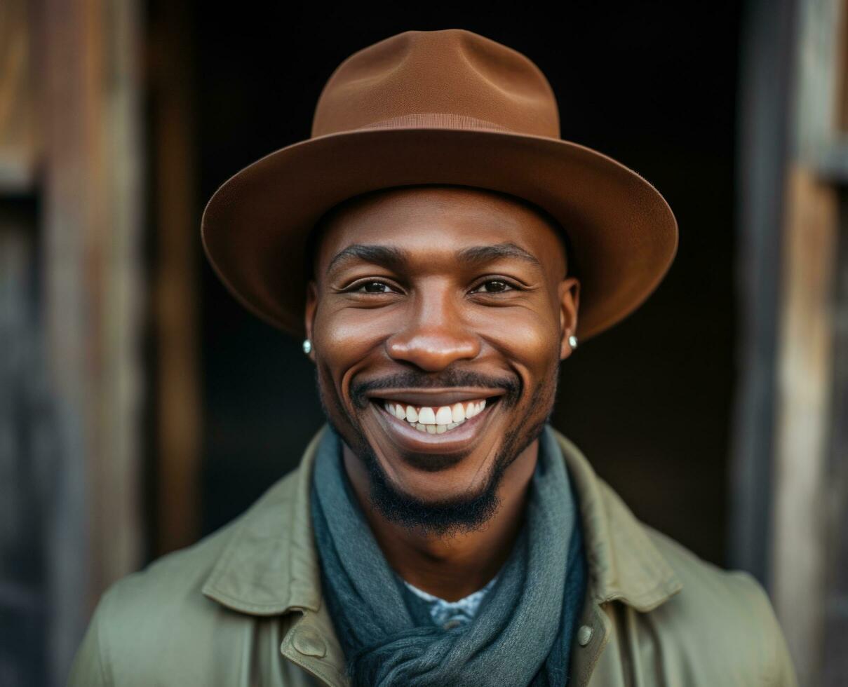 ai généré une noir homme dans une chapeau visages en haut à le caméra et essaie à sourire photo