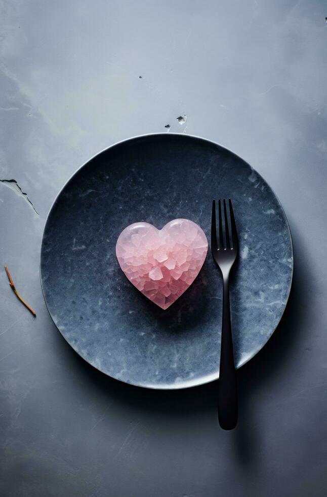 ai généré un vide assiette avec une rose cœur sur il et une fourchette et couteau sur le Haut photo