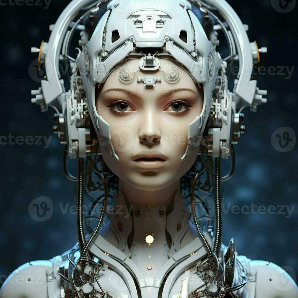 ai généré 3d le rendu robot. 3d le rendu tête portrait de une robot femme. robot ou cyborg femme sur foncé Contexte. artificiel intelligence concept. photo