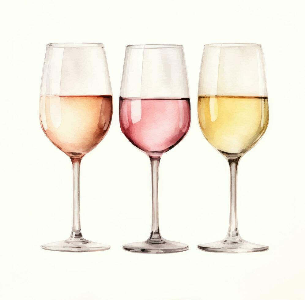 ai généré Trois des lunettes de du vin tiré dans aquarelle photo