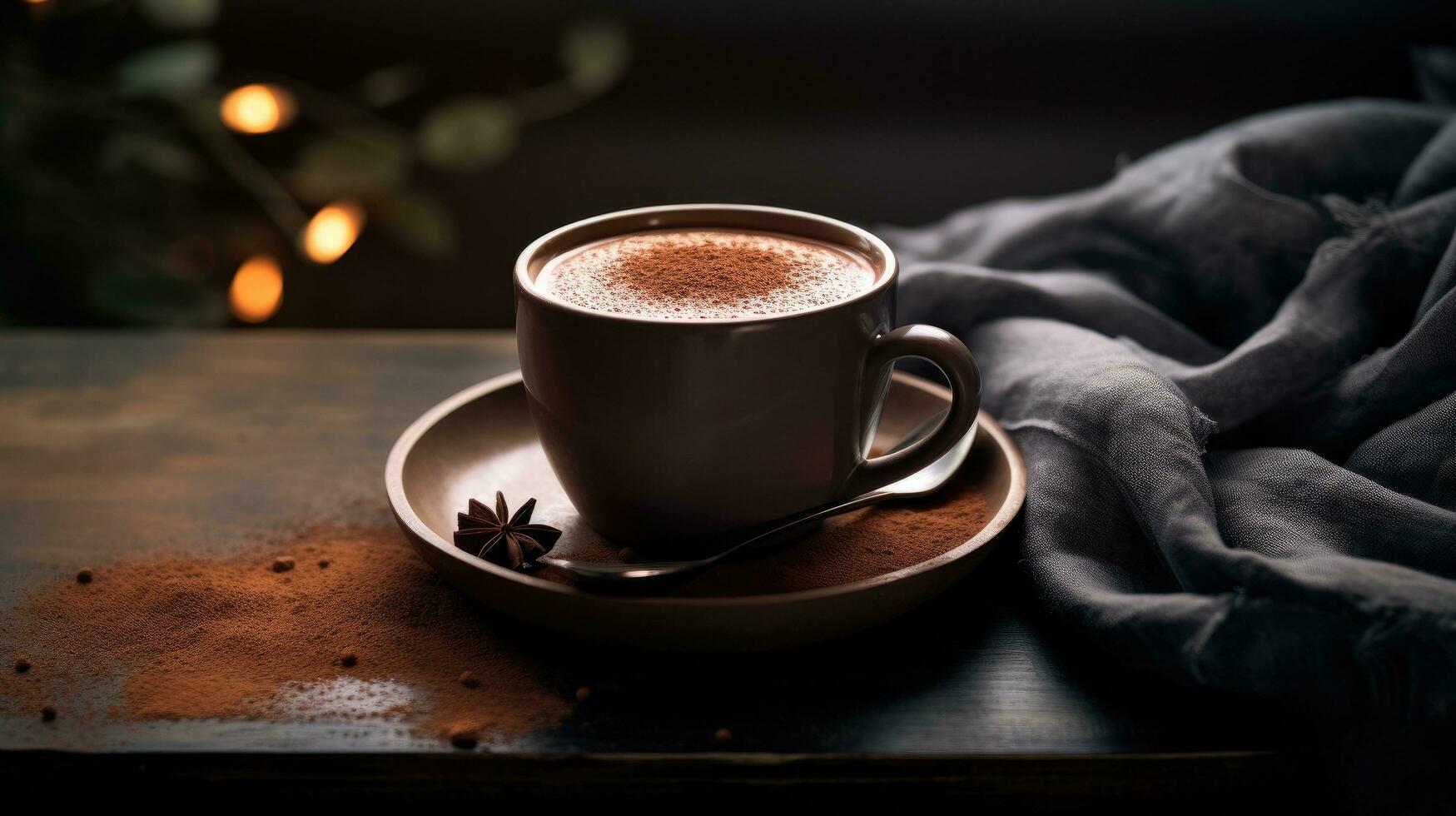 ai généré une tasse de chaud Chocolat et une cuillère séance sur Haut de il photo