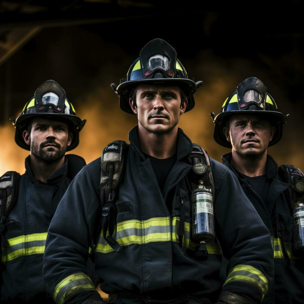 ai généré une groupe de sapeurs pompiers prise une Pause de leur fonctions photo