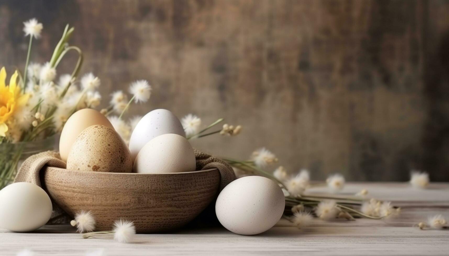 ai généré Pâques Oeuf panier avec blanc et marron des œufs photo