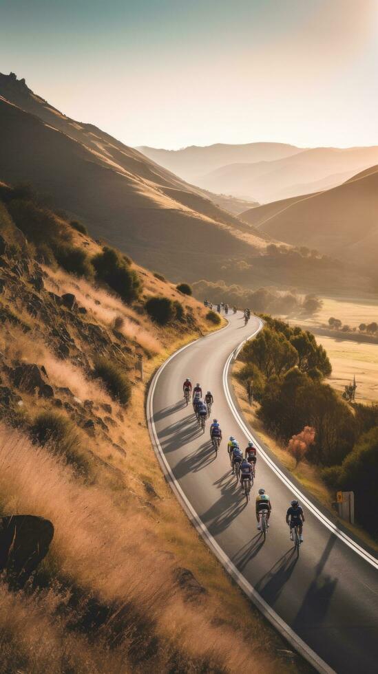 ai généré cyclistes équitation par une enroulement Montagne route, avec une magnifique scénique paysage photo