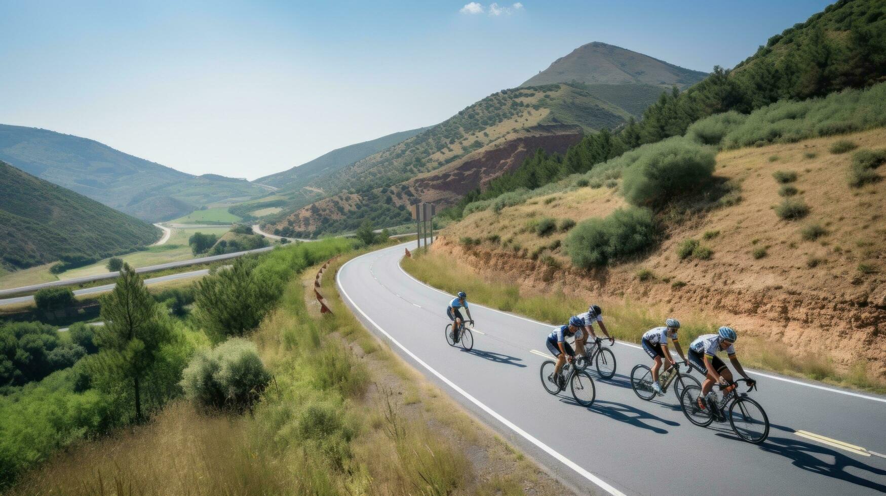 ai généré cyclistes équitation par une enroulement Montagne route, avec une magnifique scénique paysage photo