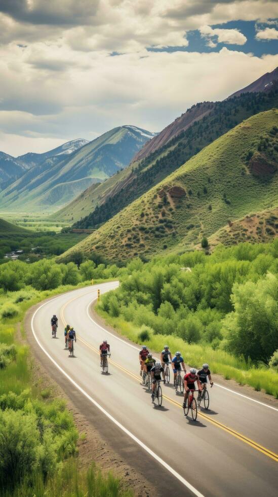 ai généré cyclistes équitation par une enroulement Montagne route, avec une magnifique scénique paysage photo