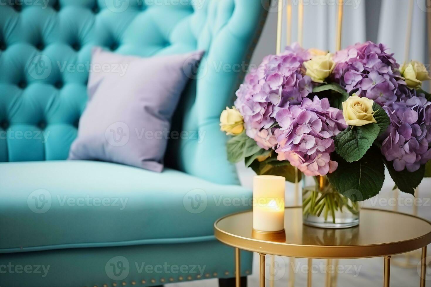 ai généré magnifique coloré bouquet de hortensias est dans une vase sur une table avec bougies près le canapé avec une oreiller intérieur décor idée. génératif ai. photo