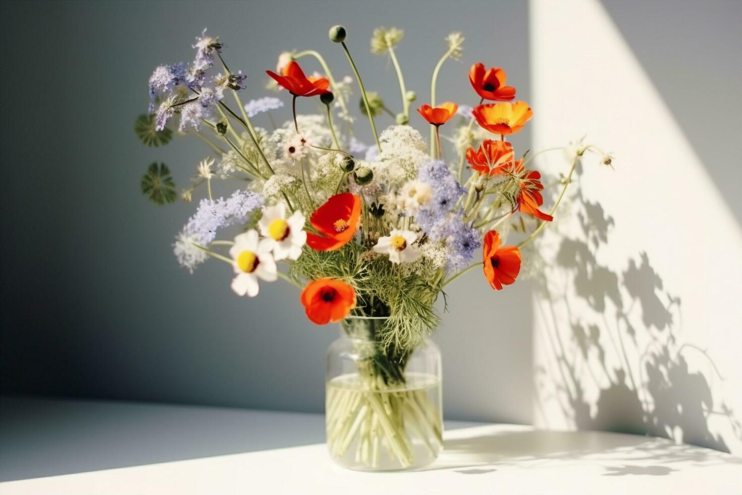 ai généré bouquet de fleurs sauvages dans une petit verre vase sur le blanc tableau. coquelicots, camomille, bleuets, vert herbe. été photo. contraste ombres sur le blanc mur. pays style. photo