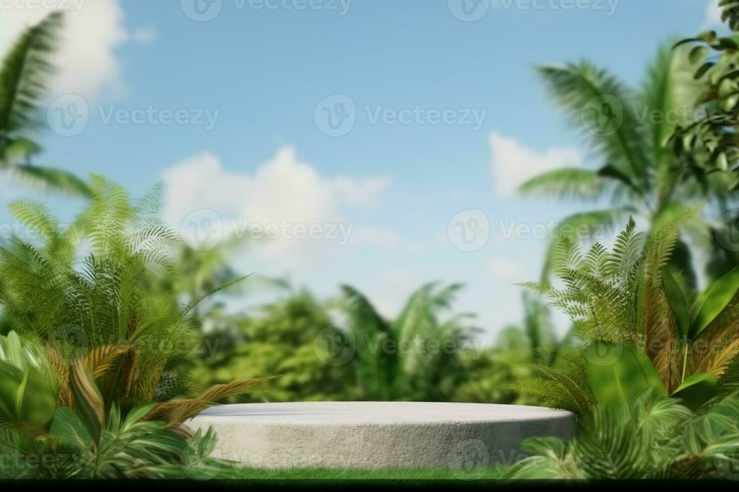 ai généré vide béton podium sur vert herbe avec tropical forêt plante brouiller nuage bleu ciel Contexte avec espace.organique en bonne santé produit présent Naturel placement piédestal afficher. photo