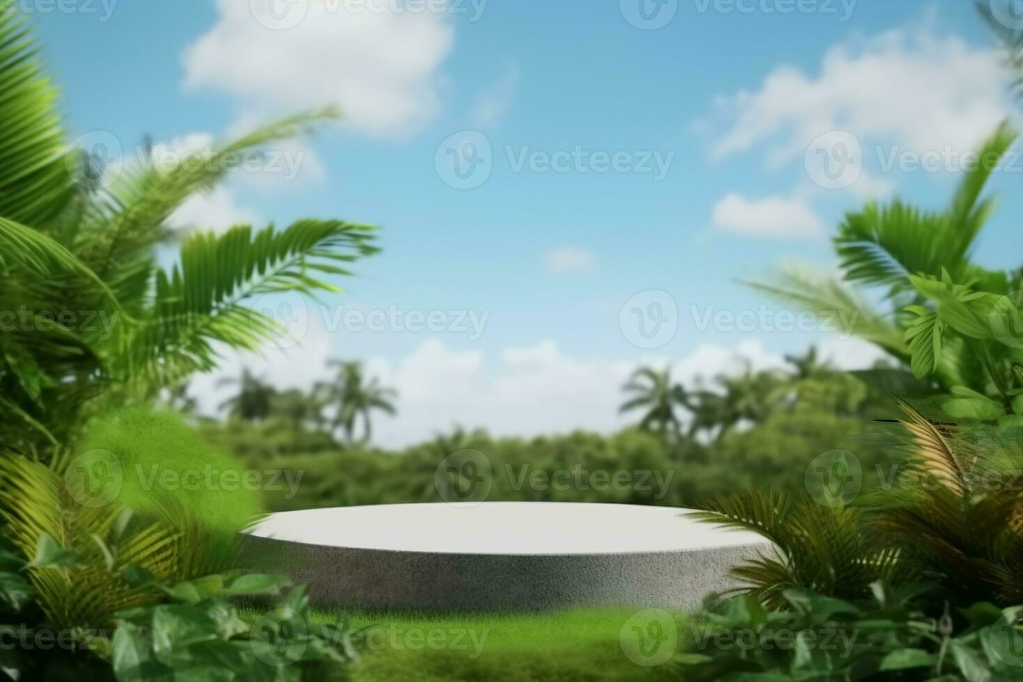 ai généré vide béton podium sur vert herbe avec tropical forêt plante brouiller nuage bleu ciel Contexte avec espace.organique en bonne santé produit présent Naturel placement piédestal afficher. photo