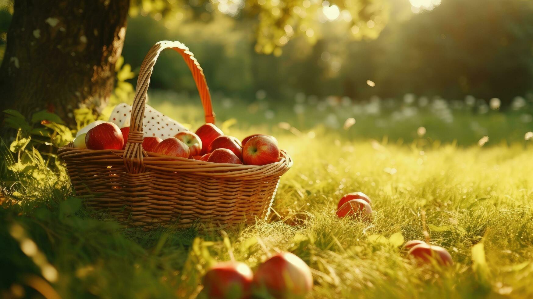 ai généré une osier panier avec rouge pommes sont posé en dehors sur le herbe photo