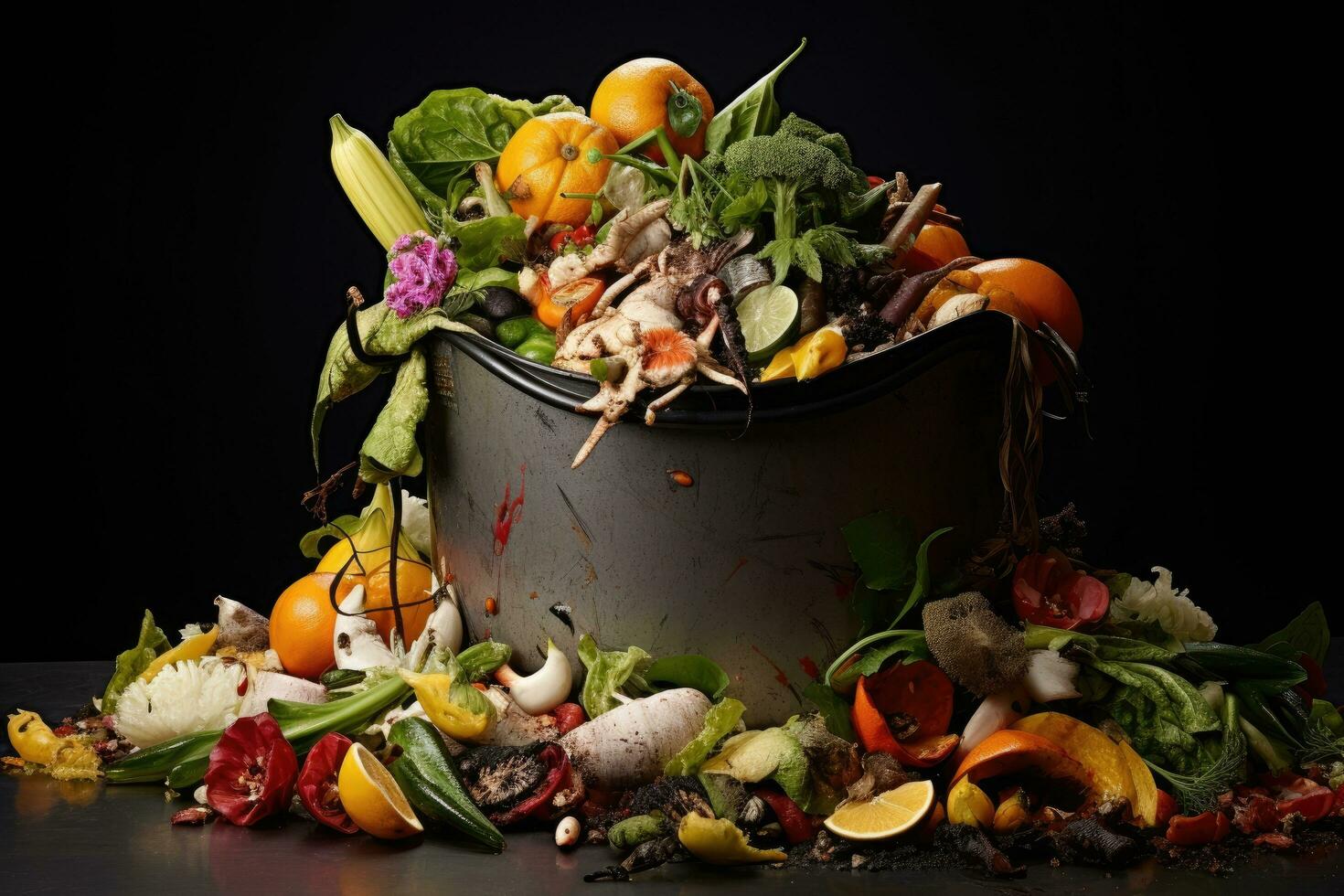 ai généré Frais des légumes dans une pot sur une noir Contexte. en bonne santé nourriture concept, nourriture Aller à déchets, ai généré photo